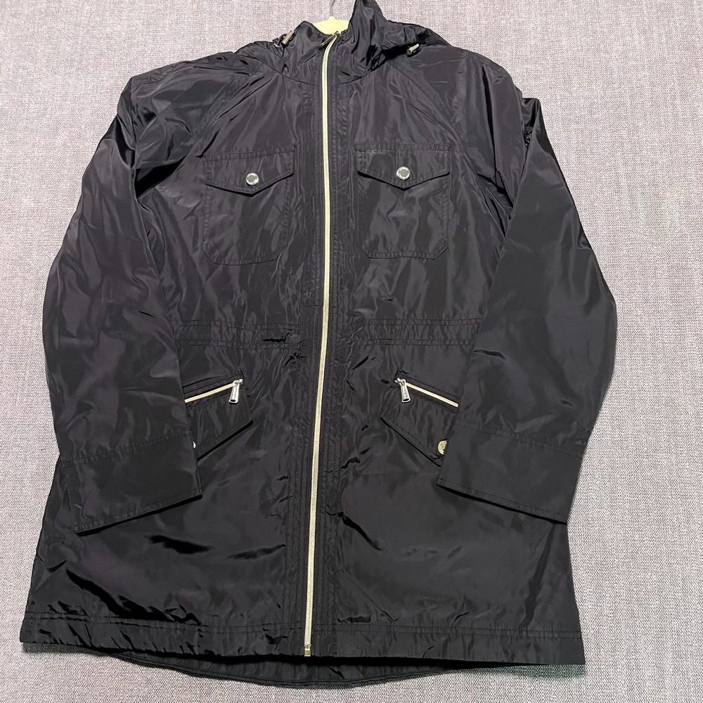 Michael Kors Womens Anorak Rain Jacket Black Full Zip Hooded Raglan Sleeve L